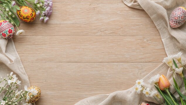 Easter background with folk painted eggs on wood with flowers and linen 