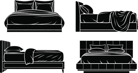 bed silhouettes in different views. Vector bedroom furniture illustration