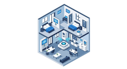 Isometric illustration of a multi-story smart home showcasing integrated digital technology and automated connectivity in a modern residential environment.