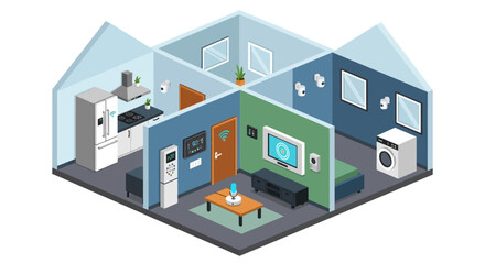 Isometric illustration depicting a modern smart home interior with advanced automated technology and connected devices for efficient living.