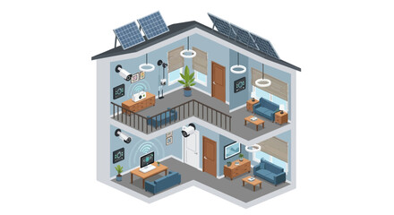 Advanced Smart Home Isometric Illustration: Residential Building Featuring Integrated Security, Solar Panels, and Connected Digital Technology.