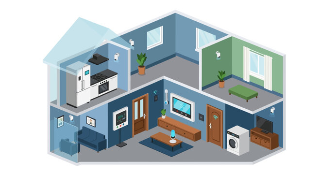 Isometric illustration of smart home automation, showcasing connected devices and future living technology in a modern house interior.