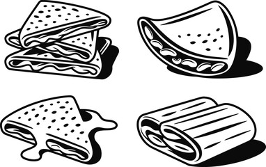 Hand drawn folded crepes, quesadillas, and stuffed flatbreads outline vector illustration