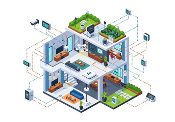 Obraz premium Isometric illustration depicting an intelligent smart home network, showcasing interconnected devices, modern automation, and AI technology.
