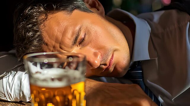 Man Sleeping at a Bar Counter with a Beer Glass