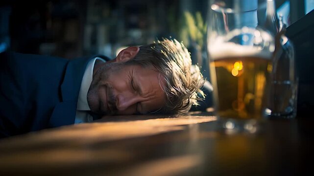 Tired Businessman Napping at a Bar with a Drink