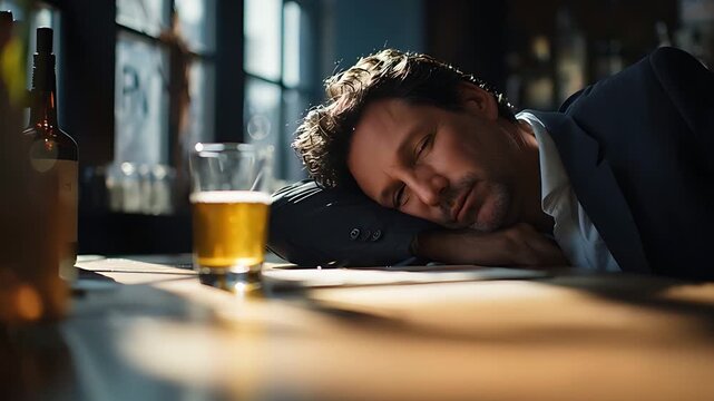 Drunk Businessman Sleeping at a Bar Counter