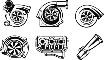 Car engine turbocharger and auto parts vector illustration