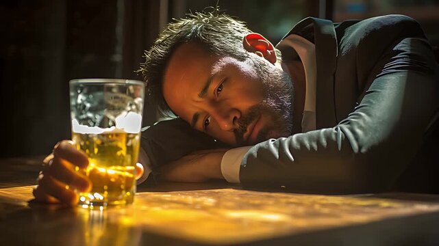 Man Asleep at a Bar with a Glass of Beer in Hand