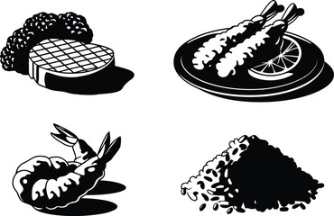 food icon set illustration featuring grilled steak, shrimp tempura, and rice vector