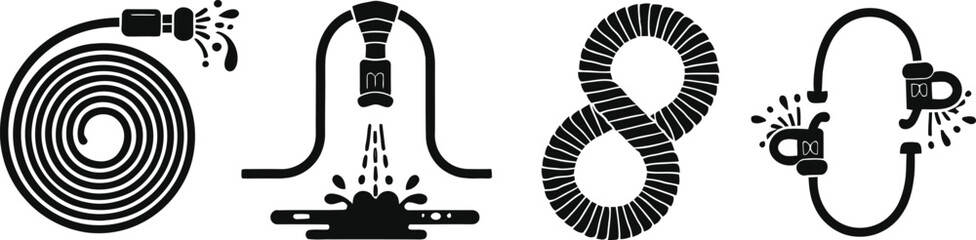 Garden Hose and Water Sprayer Silhouette Vector Icons