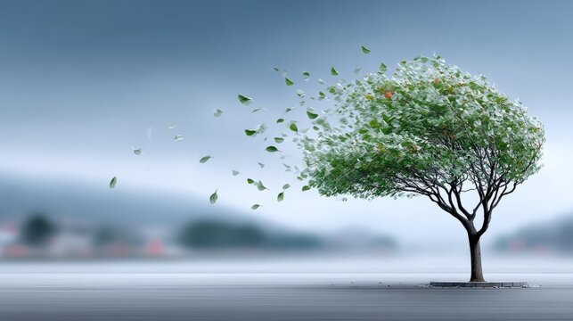 Tree bends in the wind with leaves swirling in a dynamic motion at a calm location