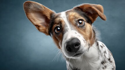 Dog with distinctive markings looking up with curious expression in studio setting