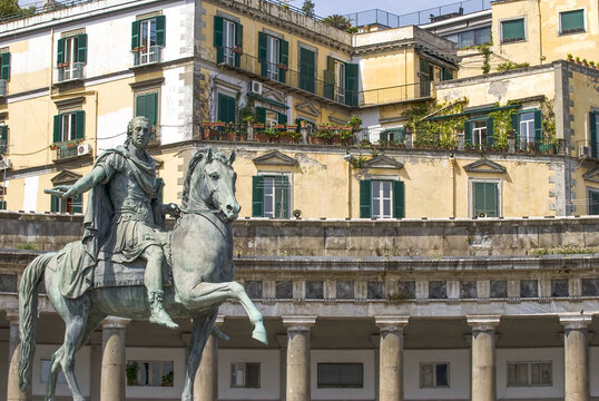 Piazza del Plebiscito, monument to Charles III of Spain. Naples, Campania, Italy