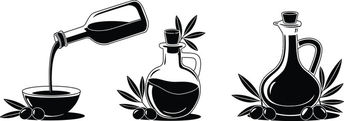 Olive Oil Bottle and Pouring Silhouette Vector Collection