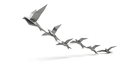 Obraz premium A flock of metallic origami birds in flight on a white background showcasing creativity and freedom ideal for business and design concepts