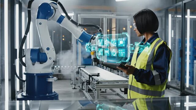 Engineer controls robot with hologram interface in factory. Woman programs industrial automation with tablet. Engineer uses holographic display for robot. Factory worker controls robot system.