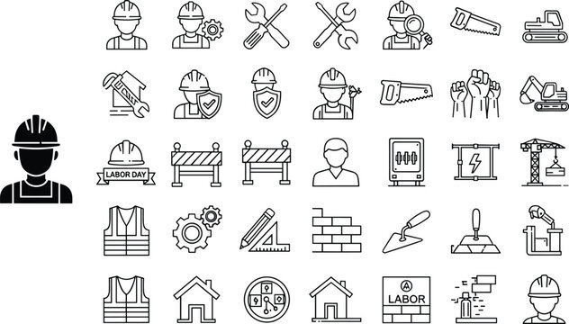 Construction and labor day icons with tools safety gear and workers Keywords: construction, labor day, icon, set, tools, safety