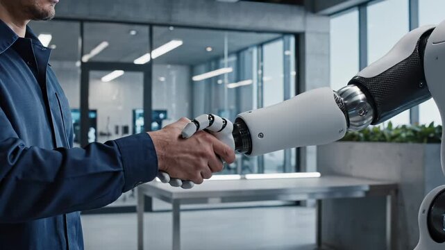 Man shakes robot hand in modern office lobby. Business partnership between human and robot technology. Man greets robot with handshake. Office meeting shows AI robot collaboration with man.