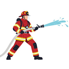 Firefighter spraying water with hose, white background, flat design, rescue illustration