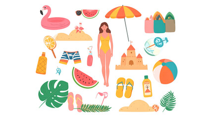 Bright Summer Beach Vacation Object Collection Set in Flat Pastel Style