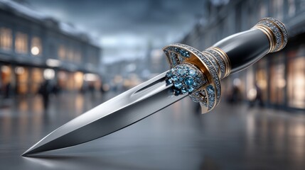 Obraz premium Decorative dagger displayed on a urban street with blurred crowd in background