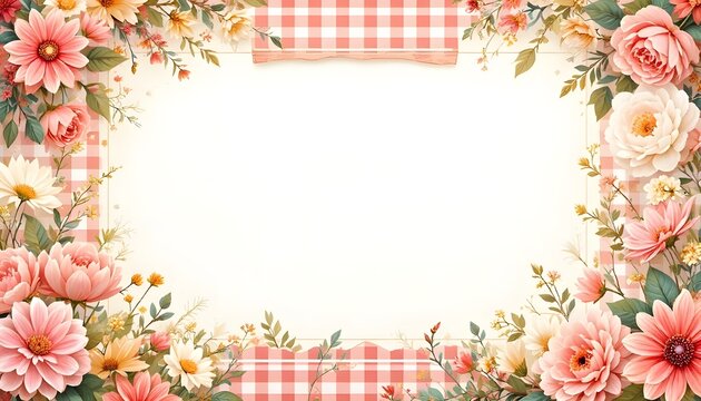 pink gerbera and daisy floral frame on red gingham check background
