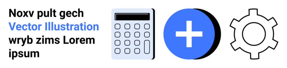 Obraz premium Calculator, blue circle with plus sign, and gear icon highlight concepts of mathematics, functionality, customization, and productivity. Ideal for education, tech, apps business finance UIUX