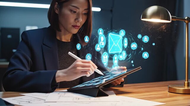 Businesswoman uses tablet showing email hologram icons. Woman works with digital mail at office desk. Email interface floats above tablet. Businesswoman manages digital communication at workplace.