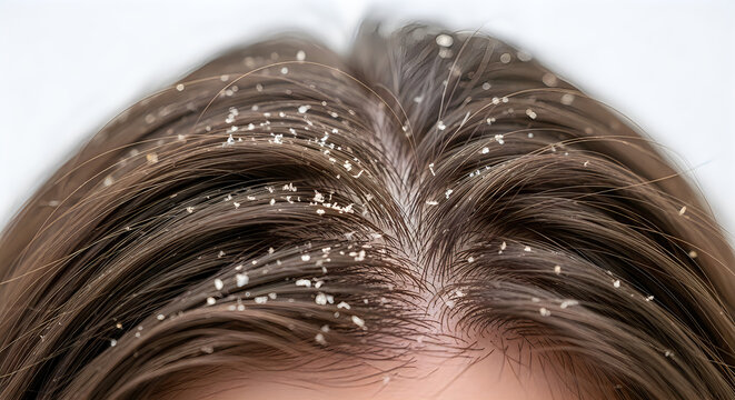 Close-up of a woman's hair with dandruff flakes, realistic photograph, detailed scalp, health and beauty concept