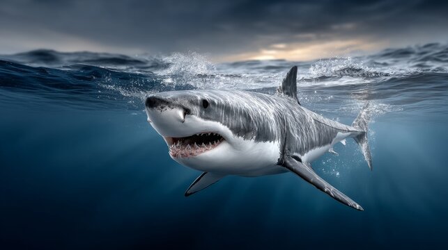 Great white shark swimming in the ocean displaying sharp teeth and powerful presence