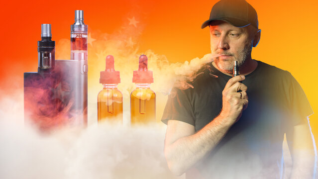 Vaping, consumer lifestyle. Man exhales vapor while using electronic cigarette device, with vape mods and e liquid bottles illustrating nicotine alternatives and smoking cessation products.