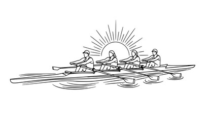 Minimalist four-person rowing team line art vector with sunrise and water ripples © BijoyChandra