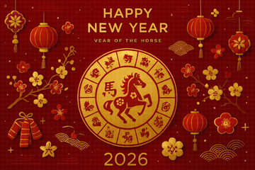Naklejka premium Golden Horse Zodiac Chinese New Year Celebration Background