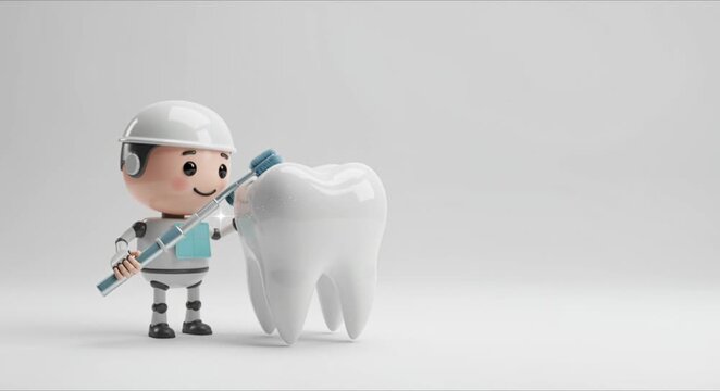 tiny cartoon dentist robot polishing massive tooth perfect for world oral health day