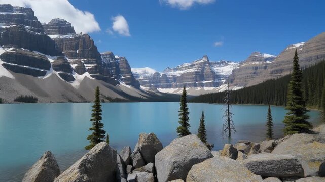 Serene mountain lake with snow capped peaks.