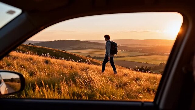 Person hiking in golden grassy field at sunset