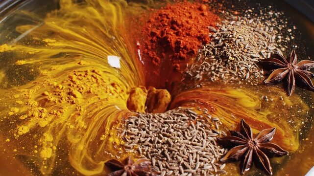 Colorful spice powders and star anise in cooking oil