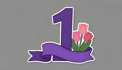 One Number Emblem with Pink Tulips and Purple Ribbon for Anniversary, Celebration and First Place Recognition