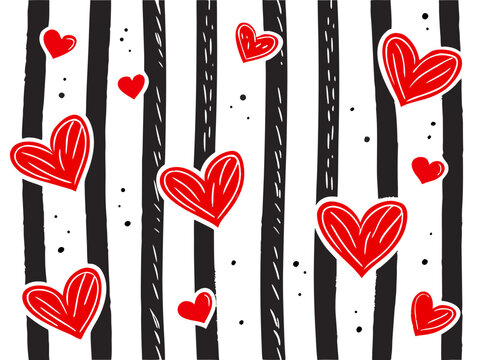 A charming illustration of red hearts on black and white stripes Vector