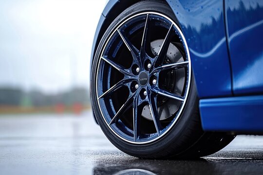 close-up of glossy blue car wheel with sporty alloy rim, visible disc brake and wet pavement reflection conveying precision and speed