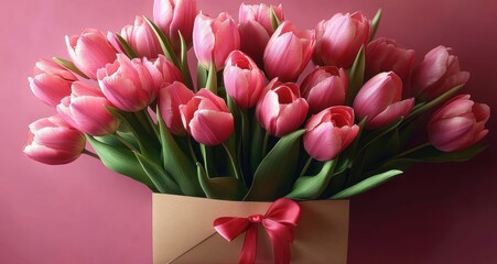 Fototapeta premium pink tulip bouquet arranged in a kraft envelope box tied with a red satin bow on a soft pink background, evoking romance and gentle joy