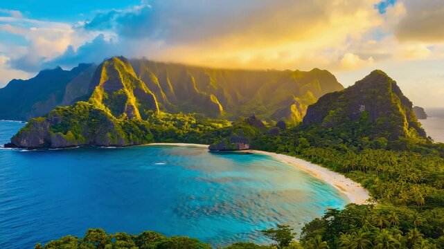 Tropical Bay Aerial Drone Flyover with Lush Green Mountains and Golden Hour Sky