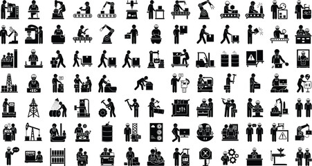 Naklejka premium Large collection of black and white icons depicting industrial workers and machinery industry factory