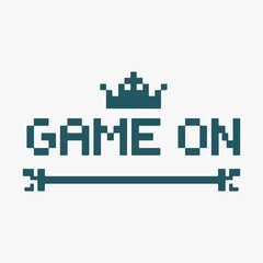 Design Retro pixel art Game On text with decorative elements.