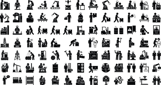 Large collection of black and white icons depicting industrial workers and machinery industry factory