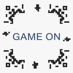 Design Retro pixel art Game On text with decorative elements.
