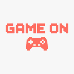 Design Retro pixel art Game On text with decorative elements.
