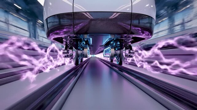 Maglev Train Magnetic Levitation System Showing Suspended Undercarriage Floating Above Track at High Speed