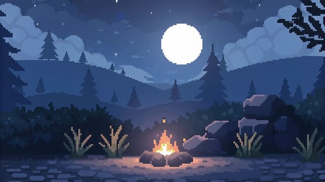 Pixel art campfire in forest clearing full moon concept. Pixel art night camping scene with campfire under full moon in forest landscape with mountains